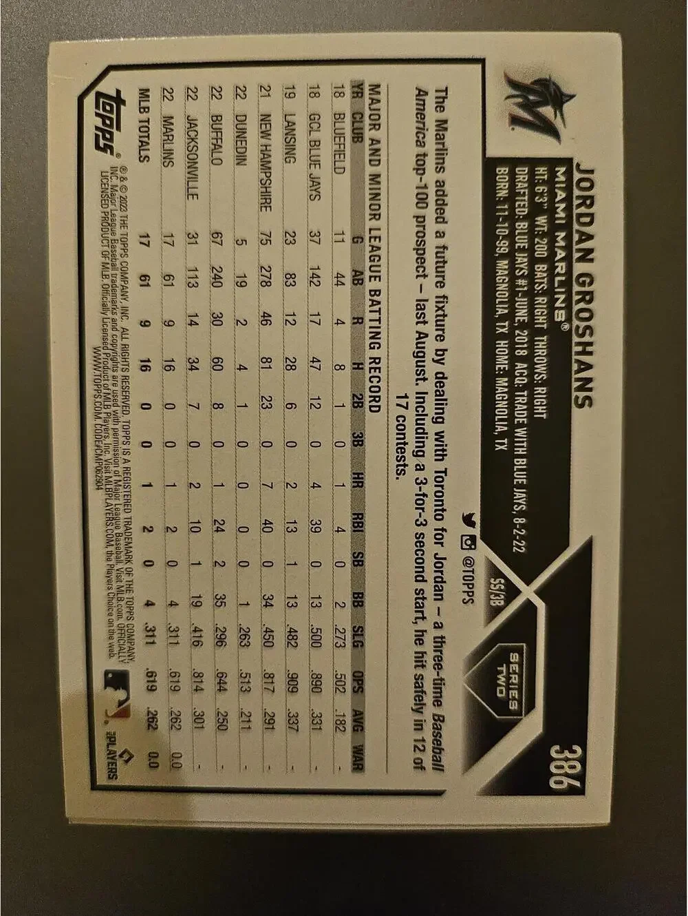 2023 TOPPS JORDAN GROSHANS #386 ROOKIE RC - MIAMI MARLINS BASEBALL CARD